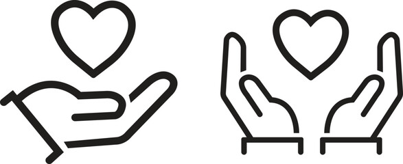 Heart in hand outline icons set. Love vectors. Health and medicine symbol. Healthcare hands holding heart sign. Save, care life symbol. Donation, giving aid concept isolated on transparent background.
