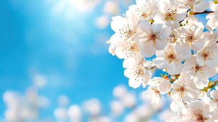   A white flower on a tree against a blue sky background