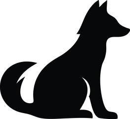 Dog Silhouette Profile &ndash; Black and White Sitting Pose with Curled Tail and Pointed Ears