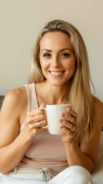 Relaxed morning: smiling woman enjoying a cuo of coffee at home
