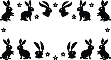 Obraz premium Black rabbit silhouette frame with decorative stars, cute bunny border vector set, minimalist animal silhouettes for Easter cards