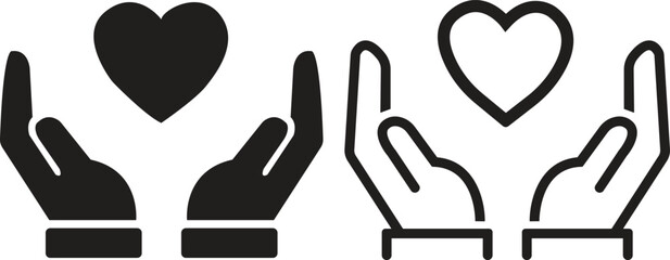 Heart in hand flat, outline icons set. Love vectors. Health and medicine symbol. Healthcare hands holding heart sign. Save, care life symbol. Donation, giving aid isolated on transparent background.