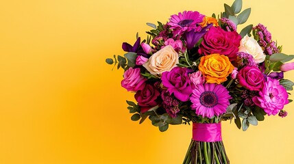   A vibrant bouquet of flowers in a yellow vase, adorned with a delicate pink ribbon at the base