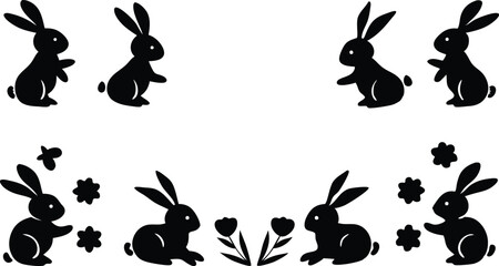 Easter Bunny Silhouettes Cute Spring Rabbits with Floral Elements in Minimalist Style