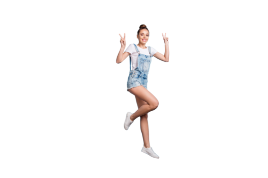 Full length body size photo of charming nice girl showing you v-sign while isolated with blue background