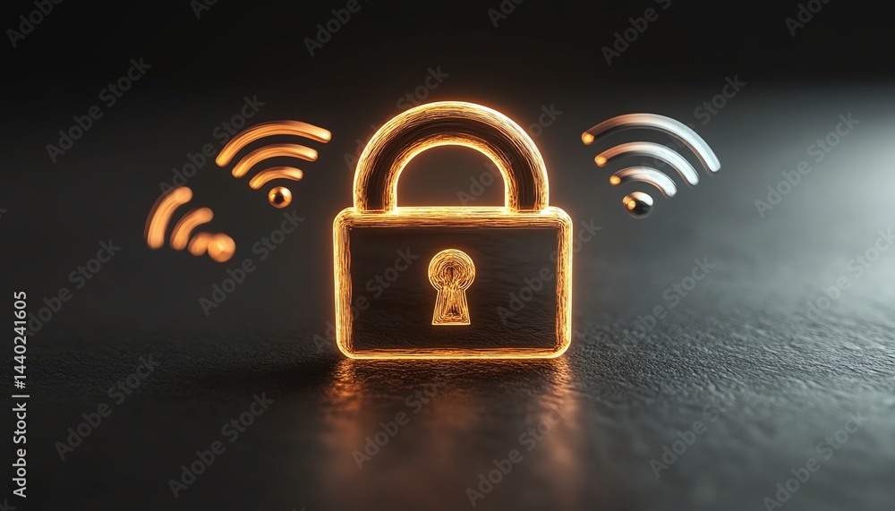 Poster minimalist internet security concept with a glossy padlock and floating wireless signals, neutral gr