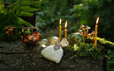 copper cauldron, witch bag, candles, crystals on tree in forest, natural background. spiritual...