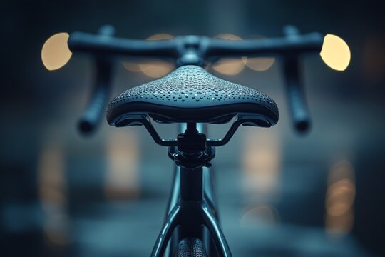 Close-up of a wet bicycle saddle with city lights reflecting in the background at night