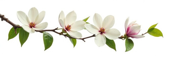 Obraz premium An isolated magnolia tree branch with large showy flowers and green leaves on white background, single element, botanical, white space