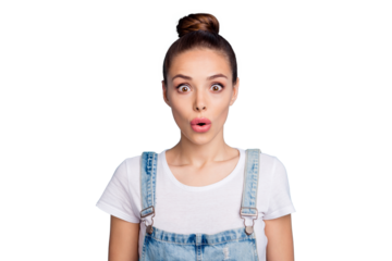 Portrait of impressed lady looking with opened mouth wearing white t-shirt denim jeans overall isolated over blue background
