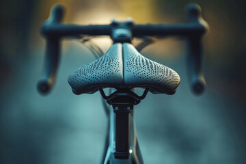 Close-up of a sleek, perforated bicycle saddle, highlighting its design and texture against a blurred backdrop