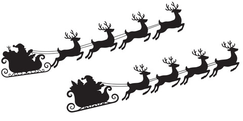 Santa Claus is flying in sleigh with Christmas reindeer silhouettes