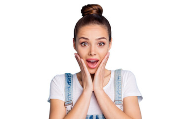 Close up photo of astonished lady touching her face screaming unbelievable wearing white t-shirt...