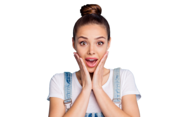 Close up photo of astonished lady touching her face screaming unbelievable wearing white t-shirt denim jeans overalls isolated over blue background