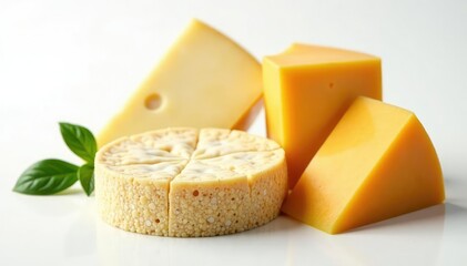 Assortment of Italian cheeses on white backdrop , soft cheese, mozzarella
