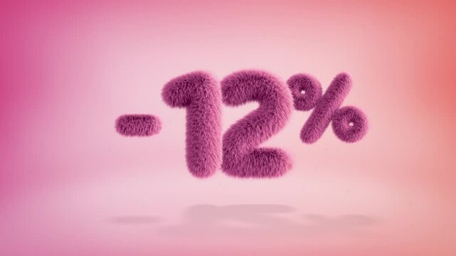 12% pink fluffy numbers and symbols on a simple gradient background with particles. Looping animation of 3D text countdown 12 percent sale