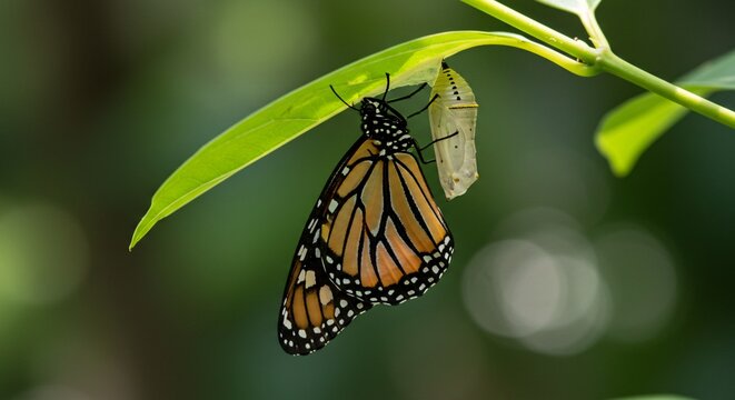 Monarch butterfly emerging from chrysalis hanging on a leaf in a natural green background setting