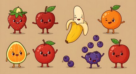 Cartoon Fruits Characters Featuring Strawberry Apple Banana Orange and Blueberries
