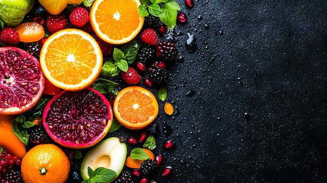   The image features a selection of colorful fruits neatly arranged on a dark background Droplets of water cascade off the top and bottom edges of the composition, creating a refres
