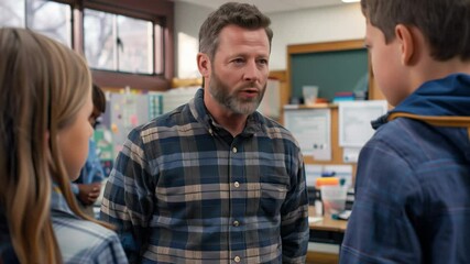 Teacher engaging students in classroom discussion with focused interaction