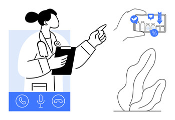 Female doctor with clipboard gestures during online consultation on smartphone, highlighting medical options. Ideal for telemedicine, digital health, healthcare access, remote diagnosis, modern