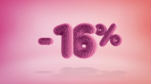 16% pink fluffy numbers and symbols on a simple gradient background with particles. Looping animation of 3D text countdown 16 percent sale
