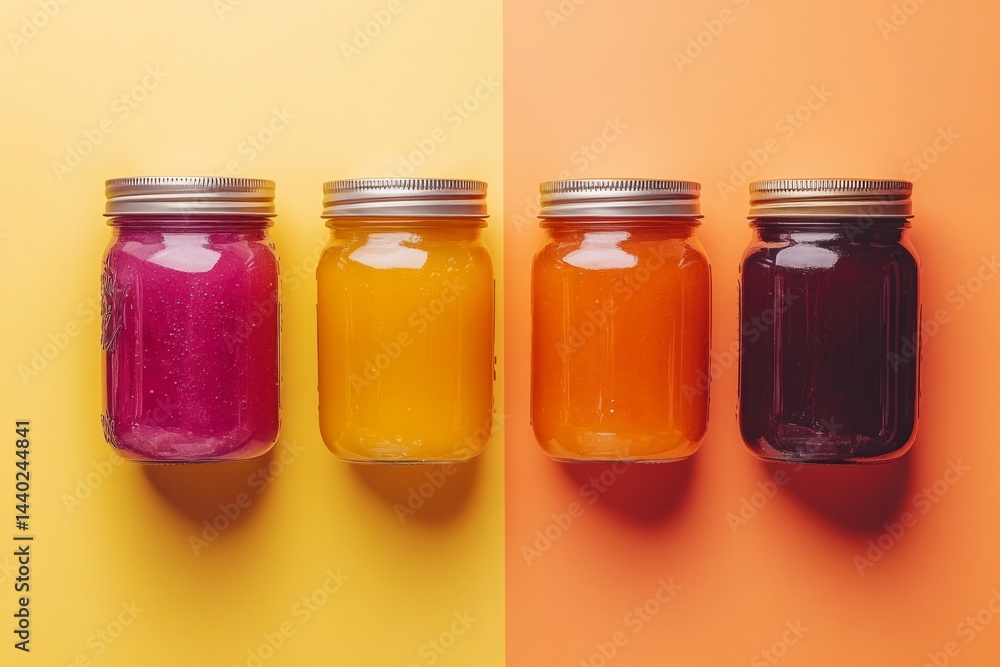 Aufkleber four glass jars containing colorful smoothies are arranged on a vibrant split-color background, crea