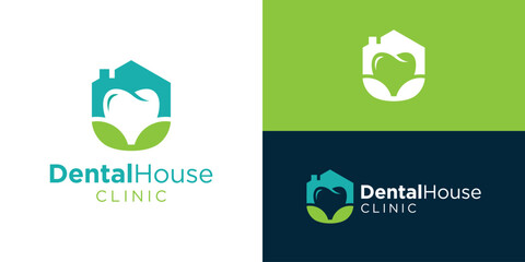 Creative dental house clinic logo template. Dental with home and leaves logo design vector illustration.