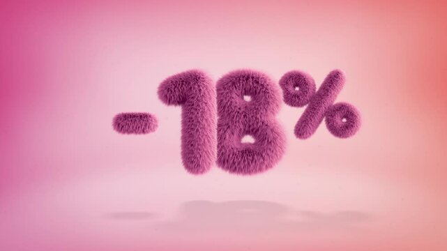 18% pink fluffy numbers and symbols on a simple gradient background with particles. Looping animation of 3D text countdown 18 percent sale