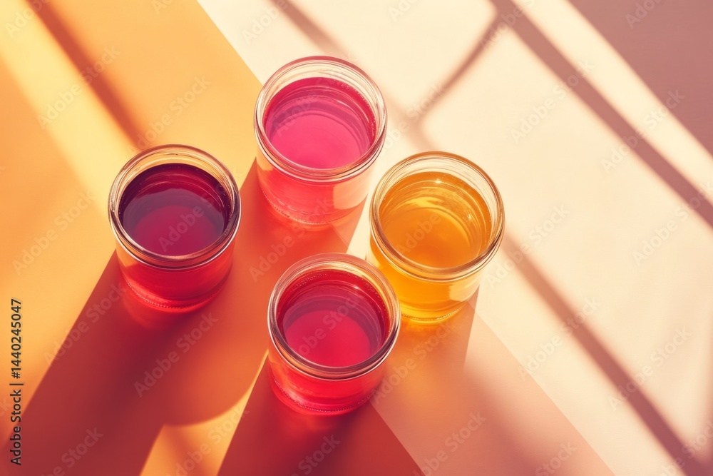 Poster four glass jars containing various types of honey, creating a colorful arrangement on a split-toned 