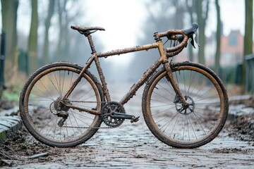 Fototapeta premium Muddy gravel bicycle parked on a cobblestone path after a challenging off-road cycling adventure in winter