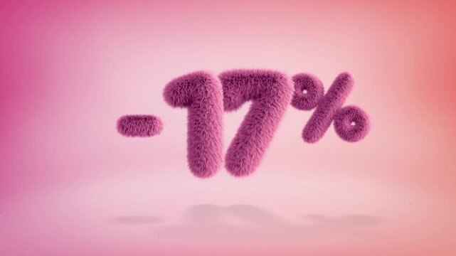 17% pink fluffy numbers and symbols on a simple gradient background with particles. Looping animation of 3D text countdown 17 percent sale