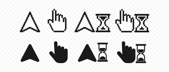 Pointer click. Cursor mouse icon with clock. Click cursor pixel.	
