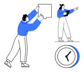 Two abstract figures strategizing with dialog bubbles and clipboard, aligned with a clock icon. Ideal for teamwork, communication, planning, time management, organization, collaboration, simple