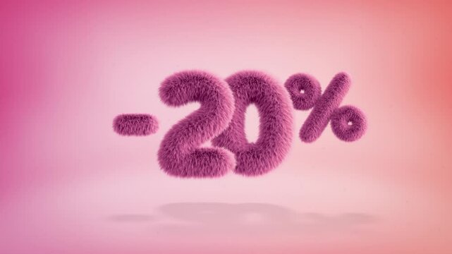 20% pink fluffy numbers and symbols on a simple gradient background with particles. Looping animation of 3D text countdown 20 percent sale