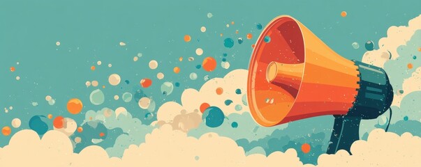 A bright megaphone emits colorful speech bubbles against a vibrant, dynamic background, symbolizing communication and announcements , Social media influence marketing.
