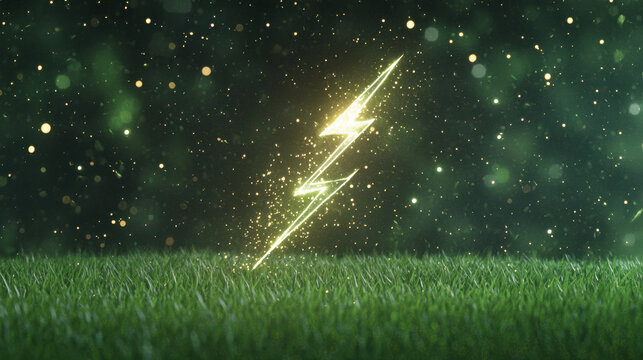 Glowing lightning bolt sparkles above lush grassy field, creating vibrant energy effect that captivates viewer. scene is filled with magical ambiance, enhancing natural beauty
