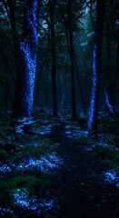 Fototapeta premium A mystical forest scene with glowing blue lights on trees and ground in a dark and shadowy setting