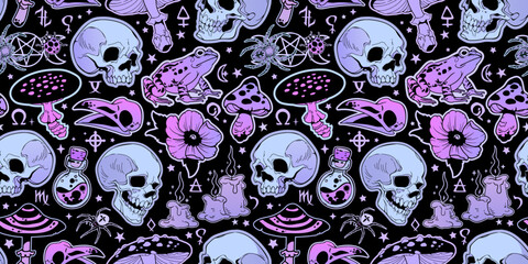 Vector seamless pattern with cute and gloomy atmosphere of skulls, animals and plants