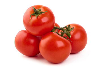 Ripe fresh tomatoes, close-up, isolated on white background.