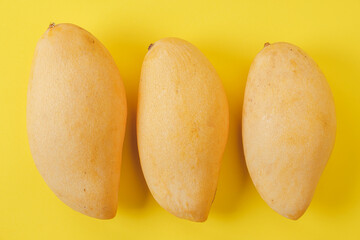 Three Ripe Mangoes Arranged on Yellow Background