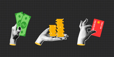 Collage halftone hand holding money and credit card. Female halftone arm gives a cash, coins and credit plastic card to pay. Concept of Finance, investments, donation and payment. Vector.