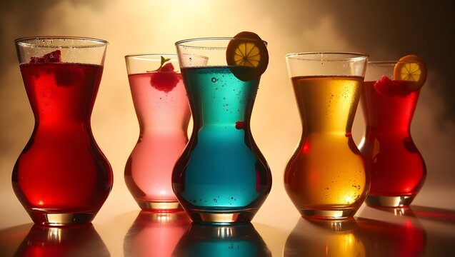 sensual curves of the glasses and the rich colors of the liquids with dreamy, and slightly misty, with a soft golden or sunset glow