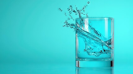   Glass of water with a splash on blue and green background