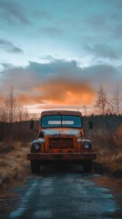 Rusty orange truck parked on a country road at sunset.