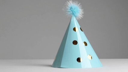 Rotating blue party hat with gold dots against gray background
