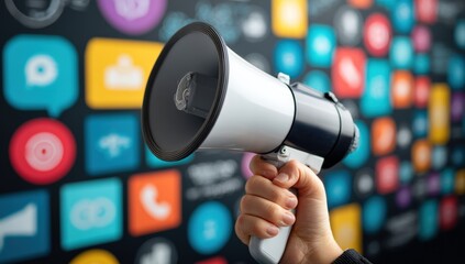 A hand holding a megaphone in front of a colorful wall filled with social media and communication app icons , Social media influence marketing.