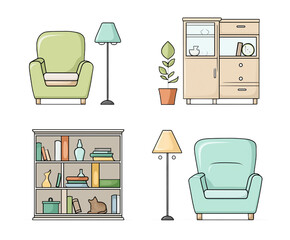 Charming flat icons featuring armchairs, floor lamps, bookshelf, and potted plant, perfect for home decor, living room, and interior design themes.
