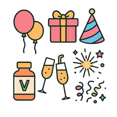 Colorful flat icons featuring balloons, gift box, party hat, and cocktail glass, perfect for parties, birthdays, and celebration designs.

