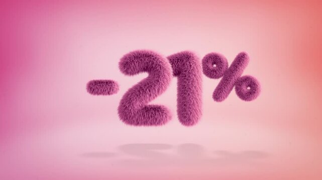 21% pink fluffy numbers and symbols on a simple gradient background with particles. Looping animation of 3D text countdown 21 percent sale